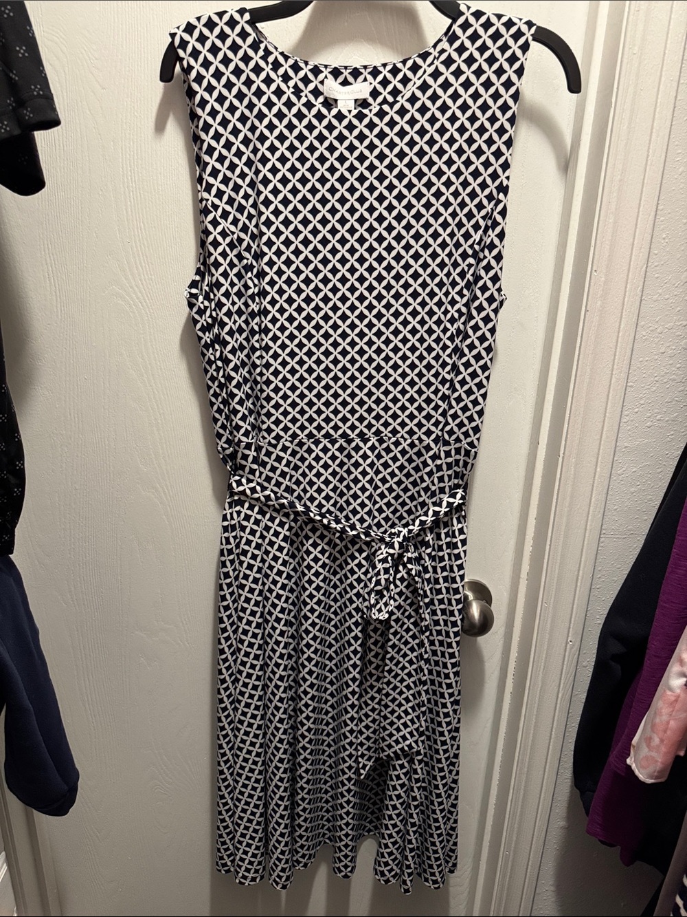 NWOT Charter Club Navy and White Geometric Tie-Waist Midi Dress